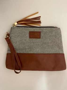 Funky Monkey Woven Herringbone and Brown Vegan Leather Wristlet Clutch